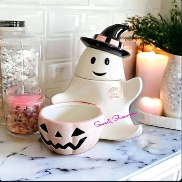 cauldrons & cobwebs Other - Halloween GHOST Cookie Jar Treat Canister w/ Attached Pink PUMPKIN Candy Bowl